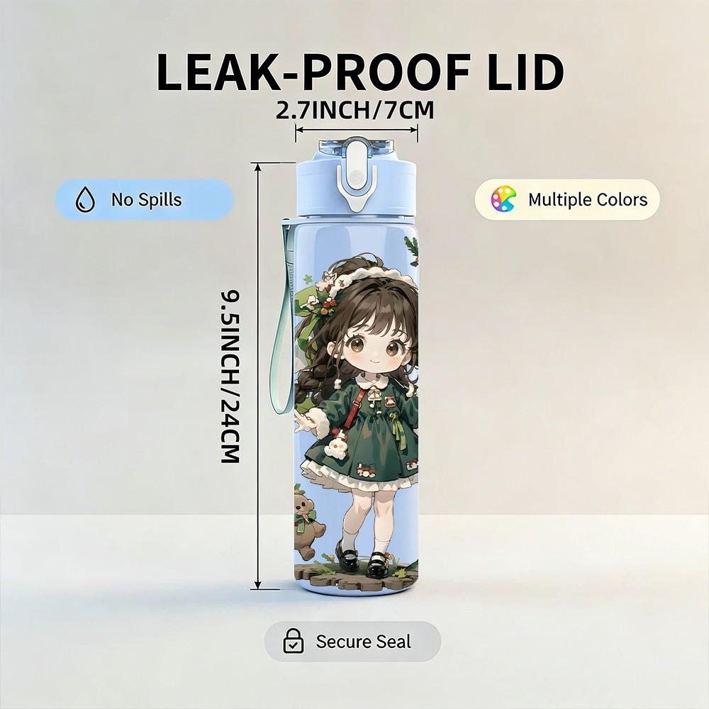 1PC Dark Green Dress Girl Nature Scene Pattern 750ml Color Plastic Sports Water Bottle Leakproof Flip Straw Lid Suitable for Sports Office Home Use