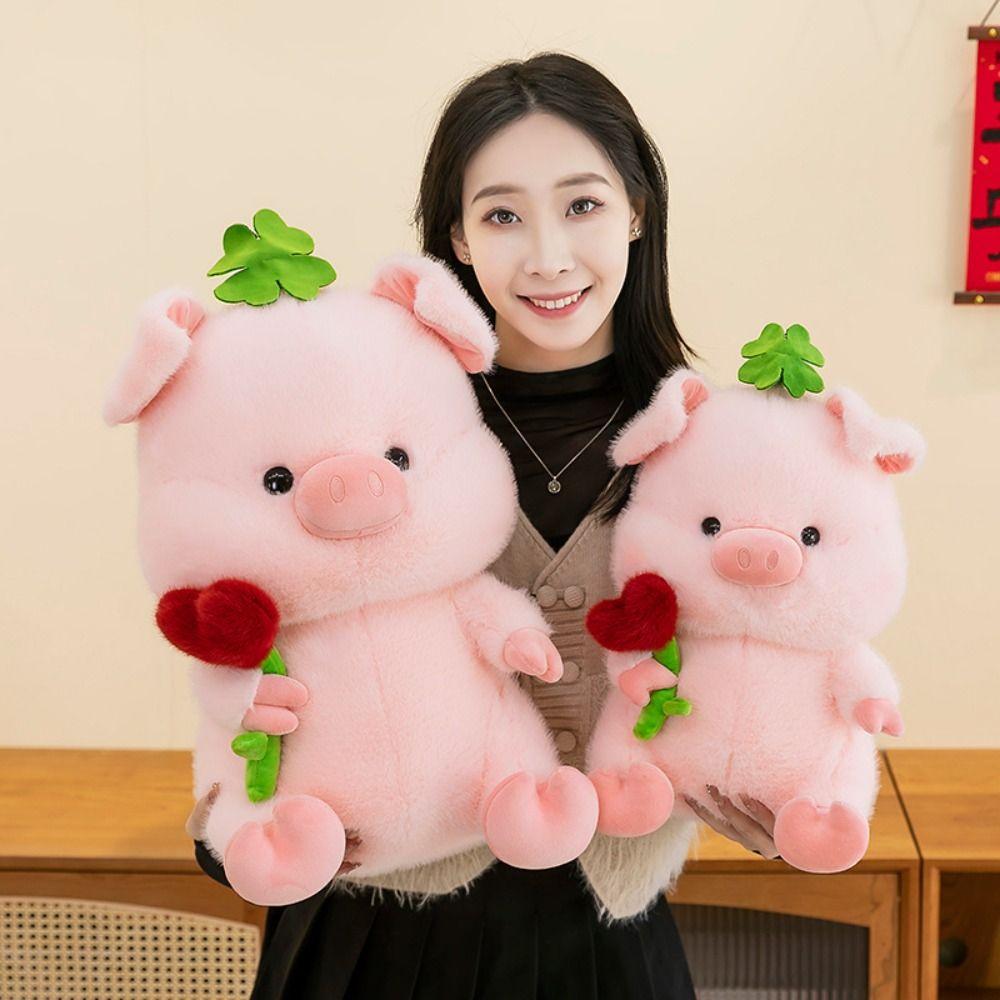Soft Pig Hold Flower Plush Doll Fluffy Pig Stuffed Dolls Stuffed Pig Plushie Toy  Kids Gifts
