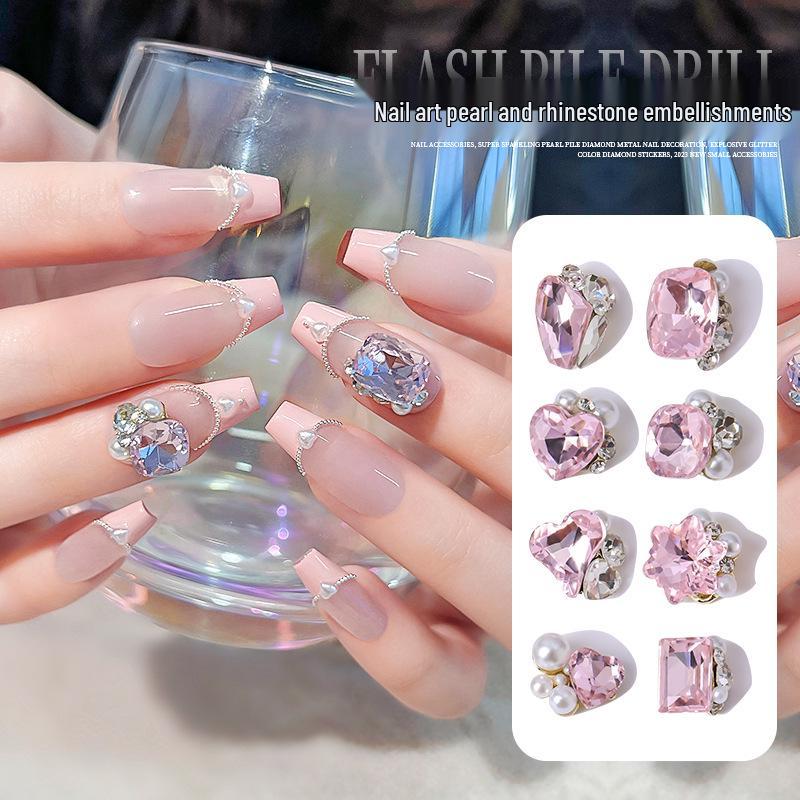 

Luxury Pink Crystal Zircon Nail Art Decorations - Flashy Heart & Square Designs
