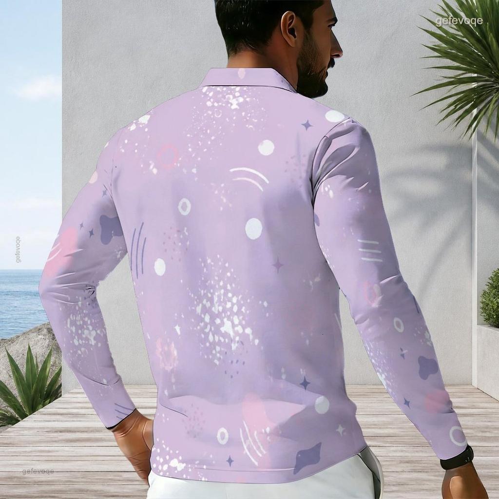 Men Plus Size Long Sleeve Quarter Zip Collared Printed Polo Shirt Grey Peach
