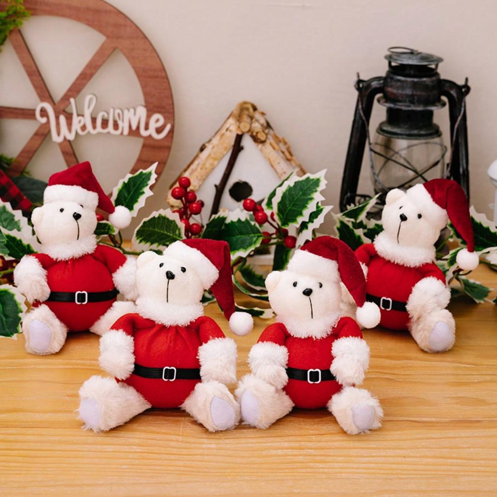 Festives Santa Dressed Sitting Bear Figurine Christmas Theme Animal Figure Ornament Plush Doll Home Decoration
