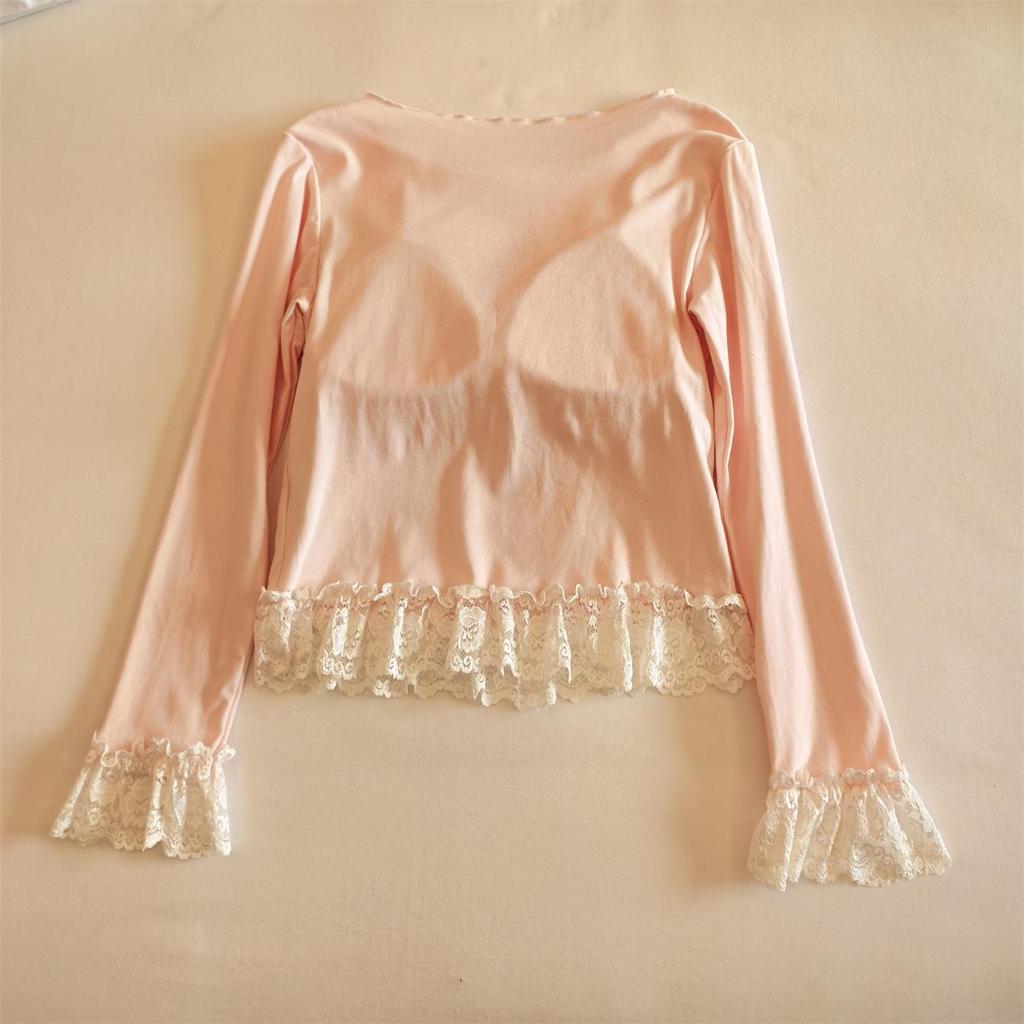 Women's Lace-Trim Pajama Set with Chest Pads - Long Sleeve & Pants, Sweet Influencer Style, Cotton Homewear for All Seasons