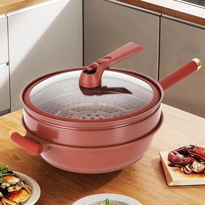 Wok en argile antiadhésif avec panier vapeur, poterie multifonctionnelle de 12,6 pouces, pot à micro-pression antiadhésif 2 en 1, micropression et fond à induction