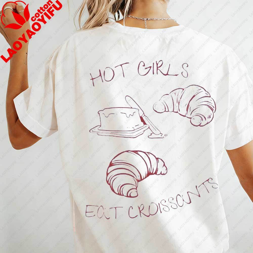 Retro Hot Girls Eat Croissants Womens TShirt Cute Food Graphic Cotton Short Sleeve Tops Gift for Croissant Coffee Lovers