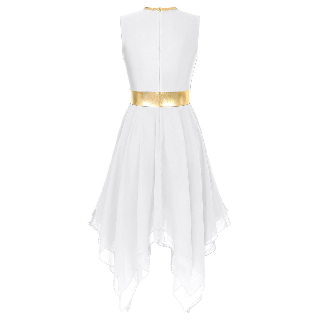 Womens Sleeveless Color Block Patchwork Dress Invisible Zipper Back Irregular Hem Lyrical Performance Dress