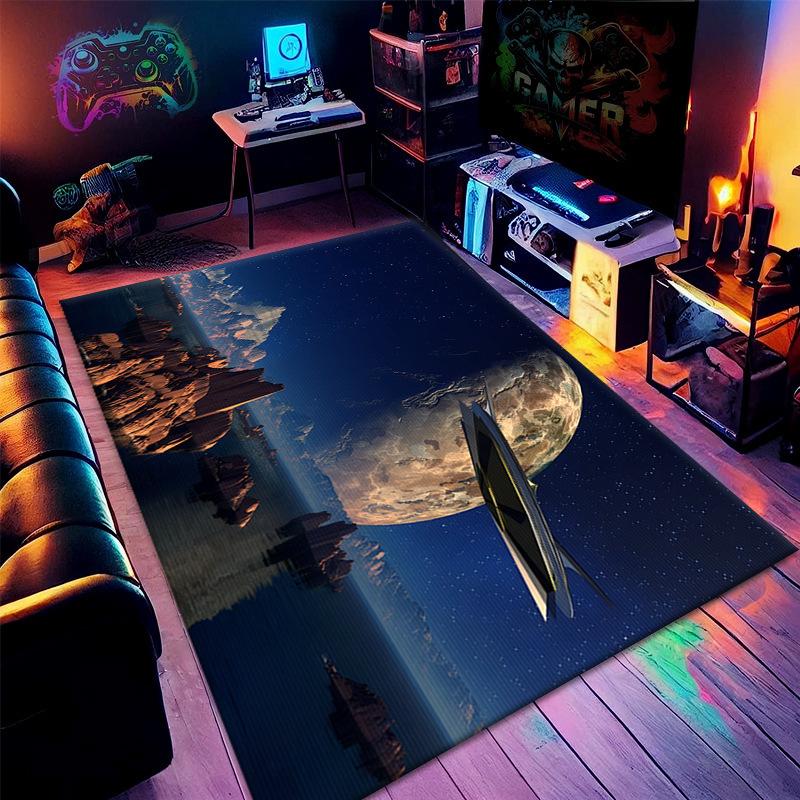 Spacecraft Printed Carpet Gaming Area Rug Kids Game Room Anti-slip Game Mat 3D Science Fiction Home Decoration for Living Room