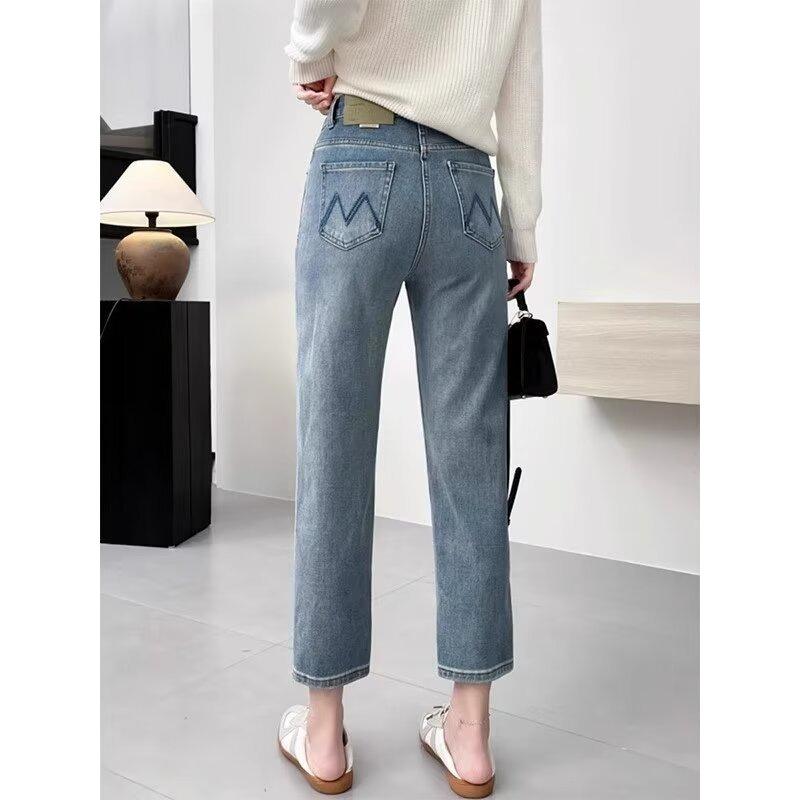 Dámské strečové džíny plus size s vysokým pasem, zeštíhlující volné devítidélkové rovné kalhoty