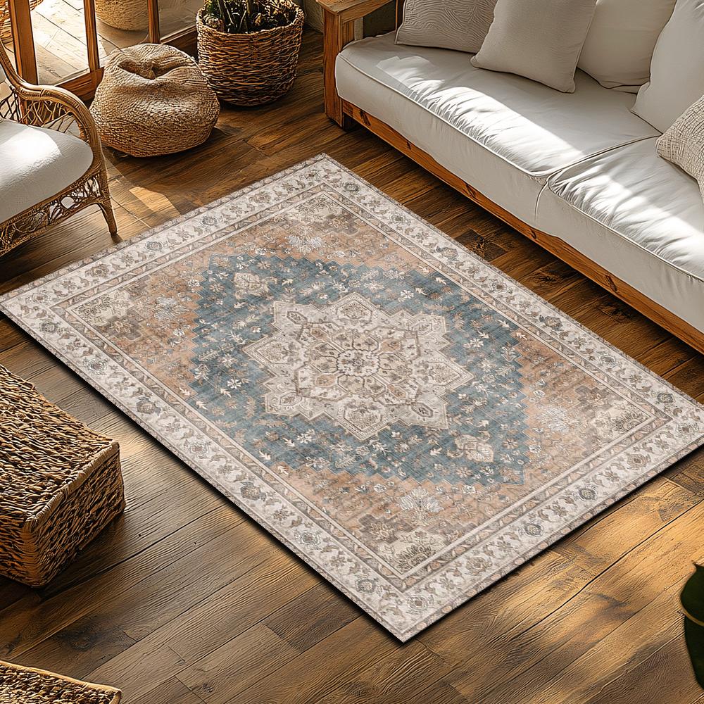 Blau-Brauner Böhmischer Teppich, Ethnisches Geometrisches Muster Rutschfester Teppich, Natürliche Wohnzimmer Matte für Gemütliche Heimdekoration