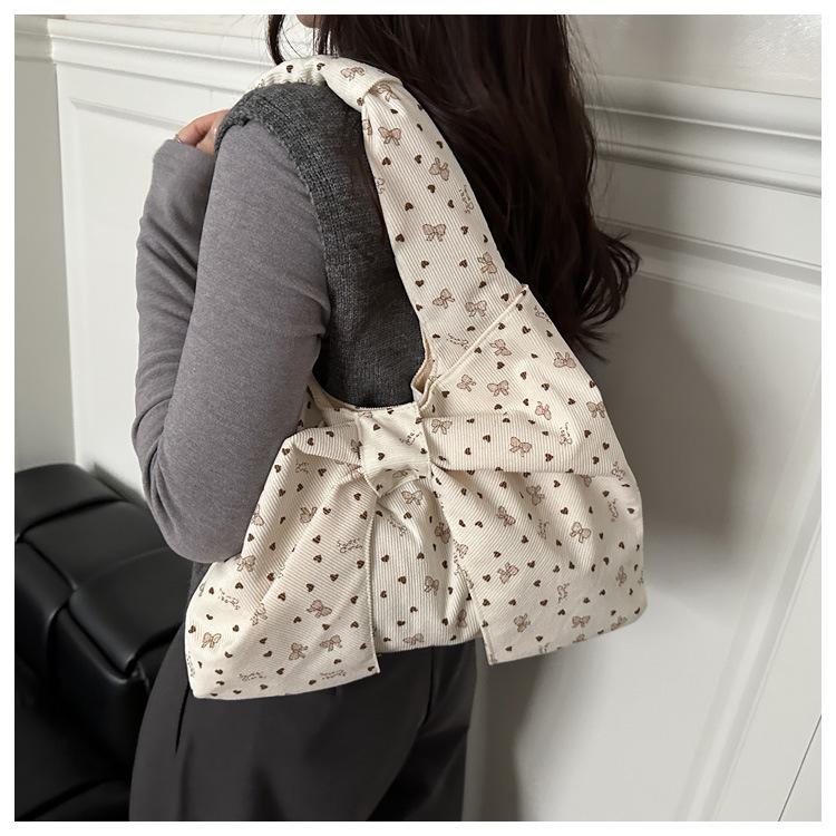 Bow Heart Polka Dot Corduroy Shoulder Bags for Women Large Capacity Ladies Casual Tote Lightweight Female Underarm Bag Handbags
