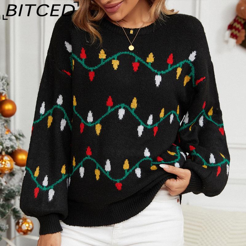 

BITCED Christmas Jumper Women s Sweater Colourful Lights Sweet Pullover Loose-Fit Christmas Knit XL чёрный