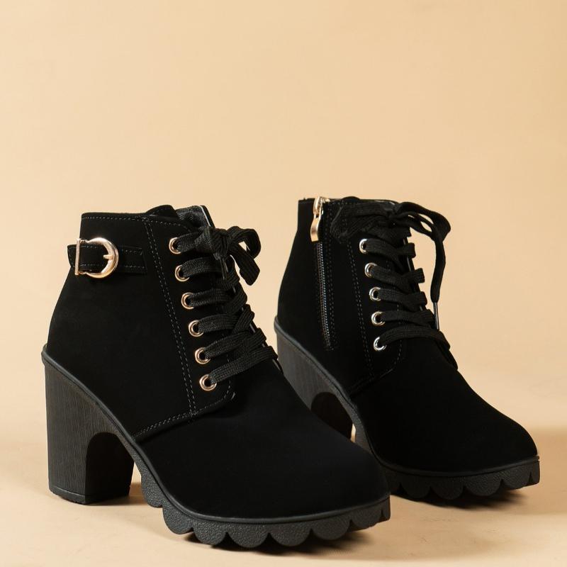 Autumn And Winter New Korean Version British Style high-heeled Thick-heeled Boots Lace Short Single Boots Naked Boots Women