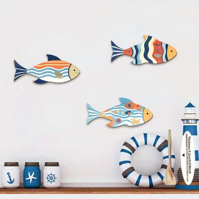 3 Stück Vintage Strand Holzfisch Wanddeko, Nautische Fischschwarm Küsten Wandkunst, Sommer Seehaus Hängende Wandskulptur