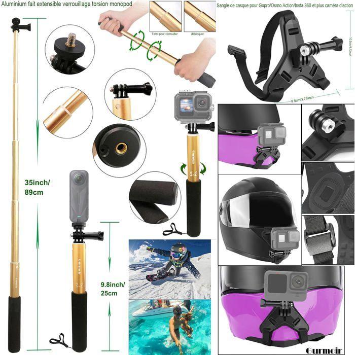 Gurmoir Kit Accessoires Gopro/Osmo/Insta360: Guidon Vélo, Sangle Casque, Selfie Stick