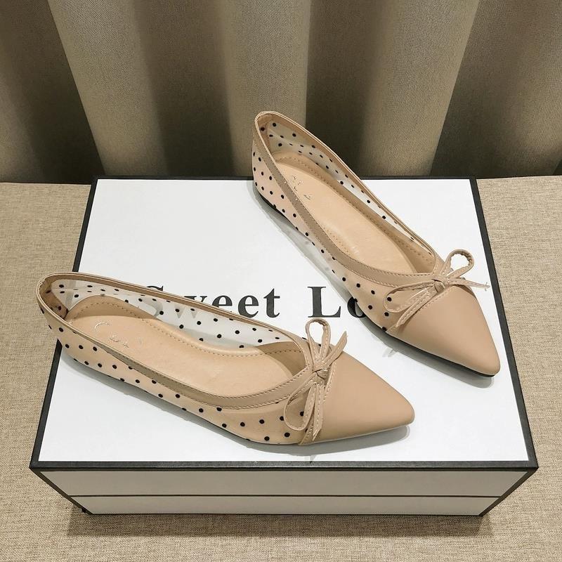 

Новые туфли-балетки из сетки с острым носком для работы, дышащие сандалии с бантом, полые, с мягкой подошвой, с мелким вырезом, уличная обувь, одинарные туфли 40 абрикосовый