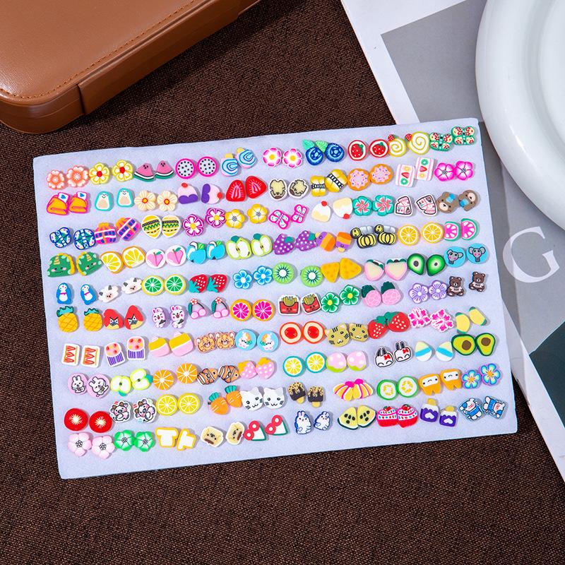 100 Pairs Of Simple And Fresh Flower Colored Diamond Earrings, Creative Soft Pottery Fruit Pieces, Combination Earrings, Rhinestone Geometric Earrings