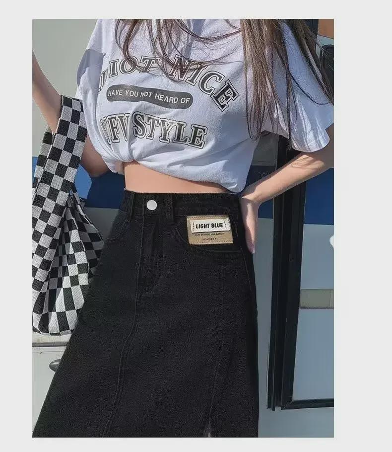 Women's Summer Light Blue High-Waist A-Line Denim Skirt with Split