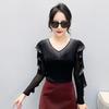 Spring Autumn Sheer Mesh T-shirts for Women: Crystal-Embellished V-Neck Top with Elegant Ruffles Long Sleeves