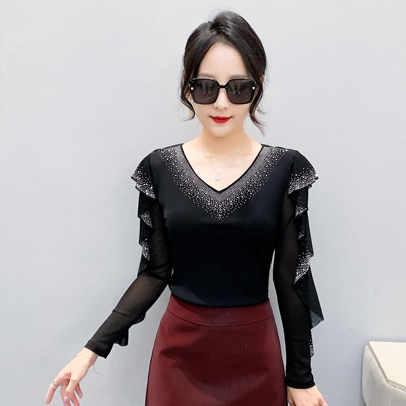 Spring Autumn Sheer Mesh T-shirts for Women: Crystal-Embellished V-Neck Top with Elegant Ruffles Long Sleeves