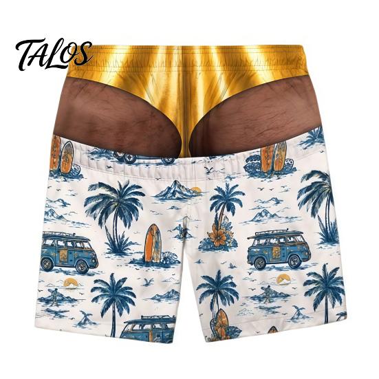 Adjustable Drawstring Swim Shorts Hairy Big Booty Shorts, USA Flag Print Men Trunks, Golden Funny Beach for Briefs Design, Summer Pool Party Vacation