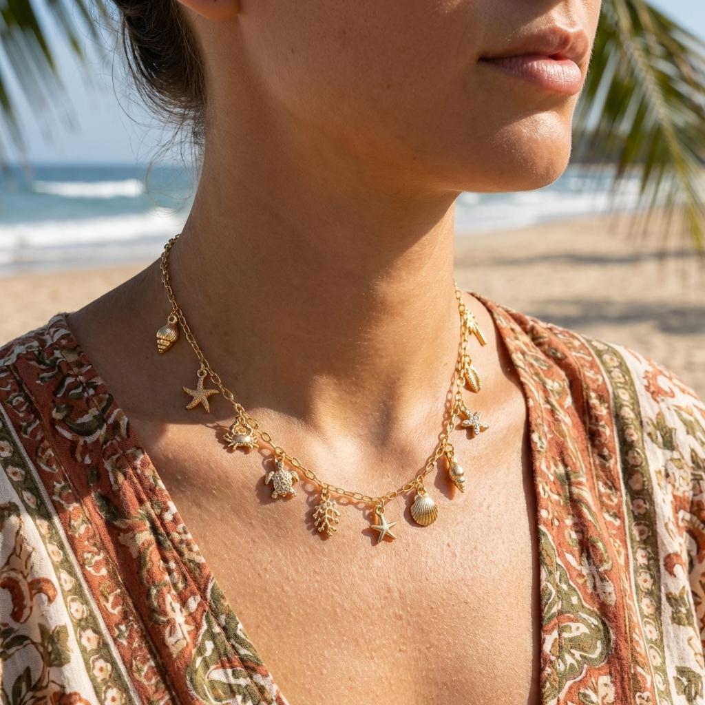 Boho Zircon Starfish Shell Conch Pendant Necklace for Women Seahorse Crab Pearl Metal Chain Choker Summer Beach Party Jewelry