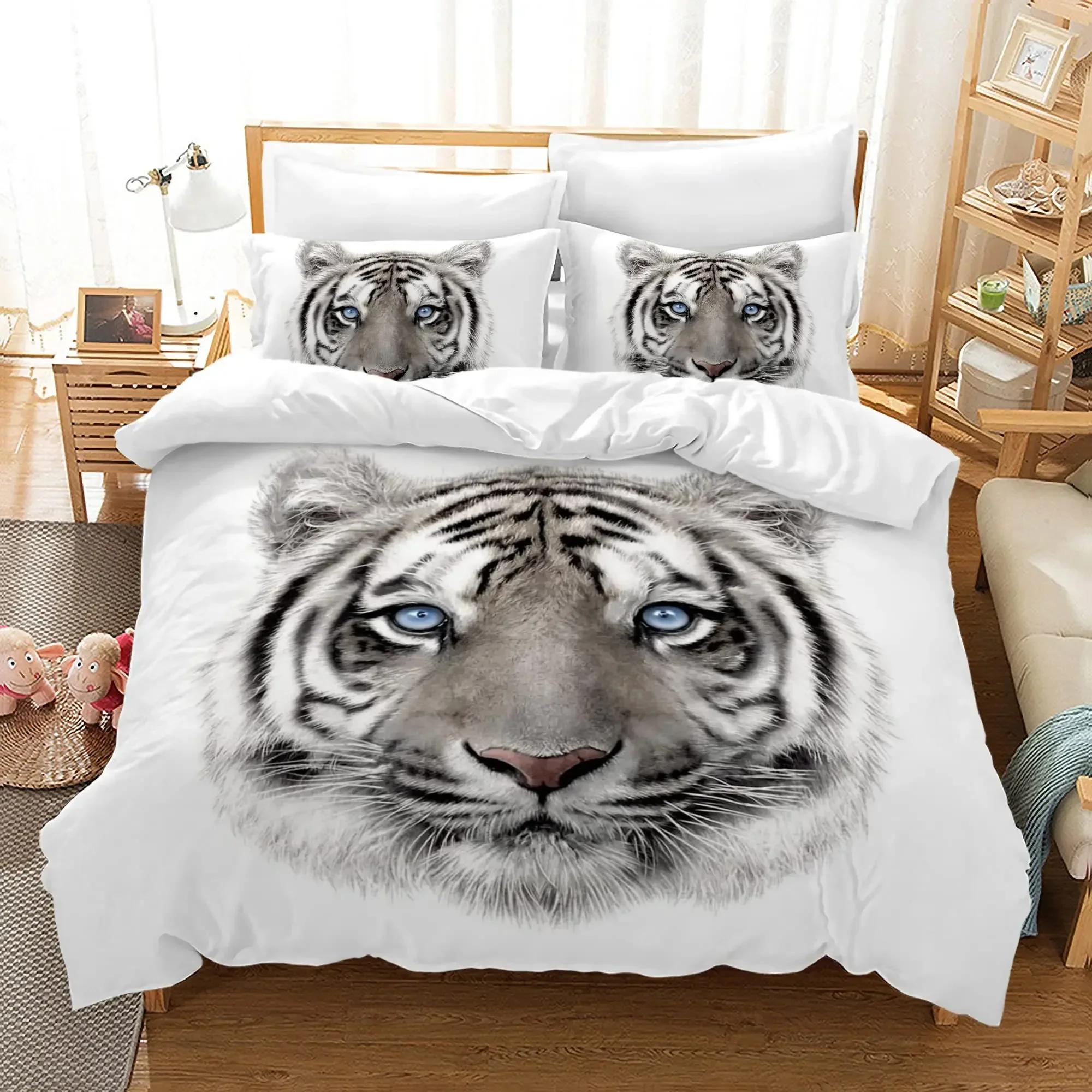 

White Tiger Red Rose King Queen Duvet Cover Africa Big Cat Flower Bedding Set for Teen Adult Animal 2/3pcs Polyester Quilt Cover 70x133cm 2pcs