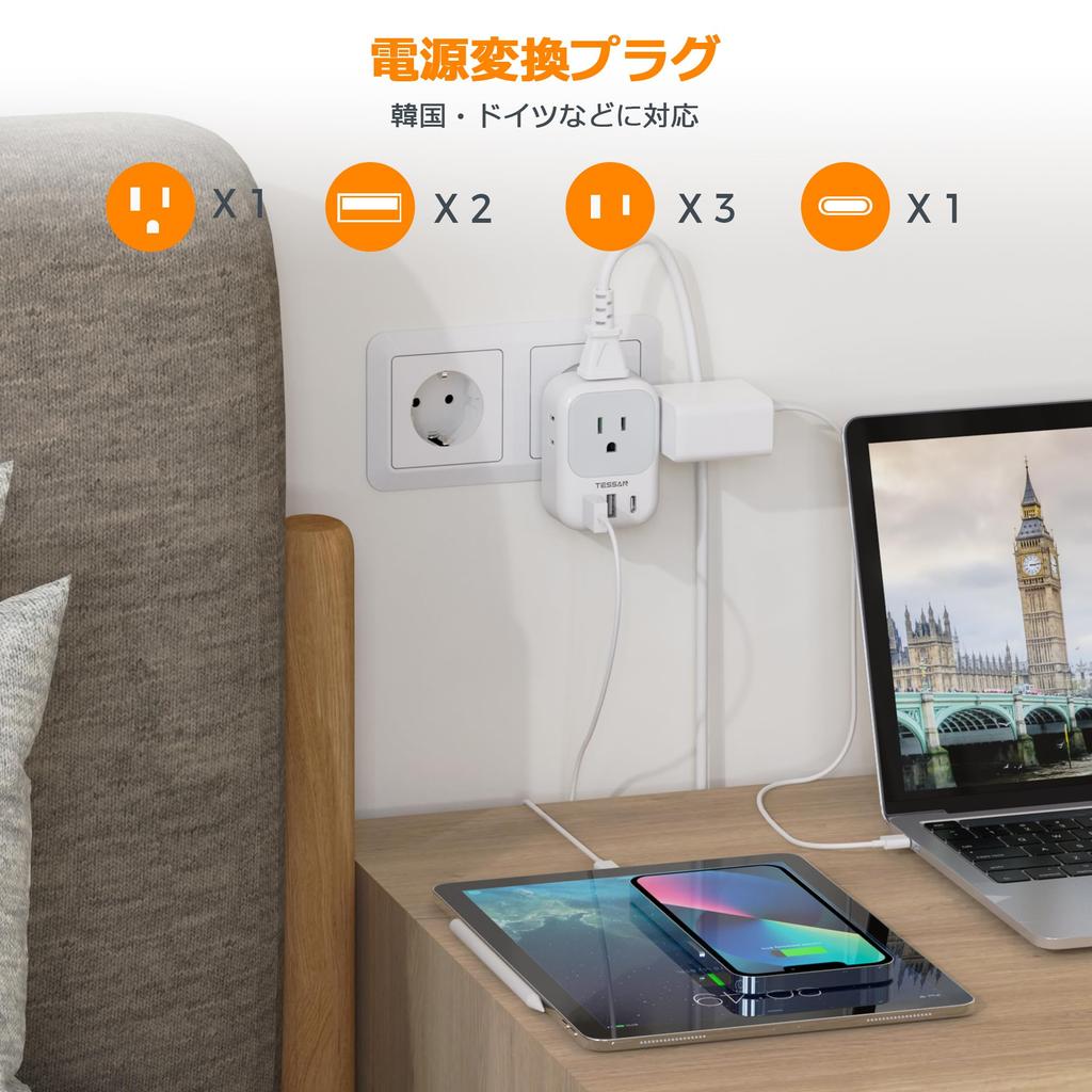Konverzní zástrčka TESSAN Korea SE Type Outlet Converter 4 AC zásuvky 1 Port 2 Port Kompatibilní se Španělskem Evropa a další země USB-C USB-A Německo,