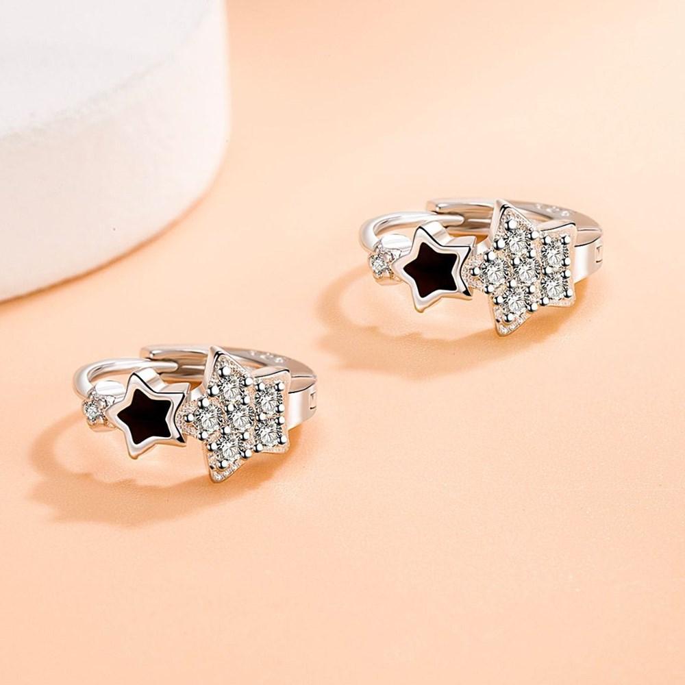 925 Silver Woman Jewelry High Quality Crystal Zircon Simple Epoxy Black Five-pointed Star Earrings