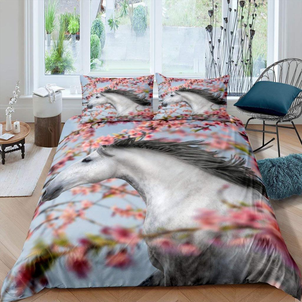 White Horse Pink Cherry Blossom King Full Bedding Set Watercolor Floral Duvet Cover Animal Quilt Cover Polyester Comforter Cover