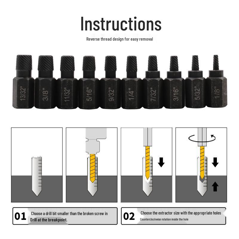 10-Piece Hexagonal Bolt & Screw Extractor Set, Multi-Spline Spiral Teeth for Broken Wire/Bolt Removal.