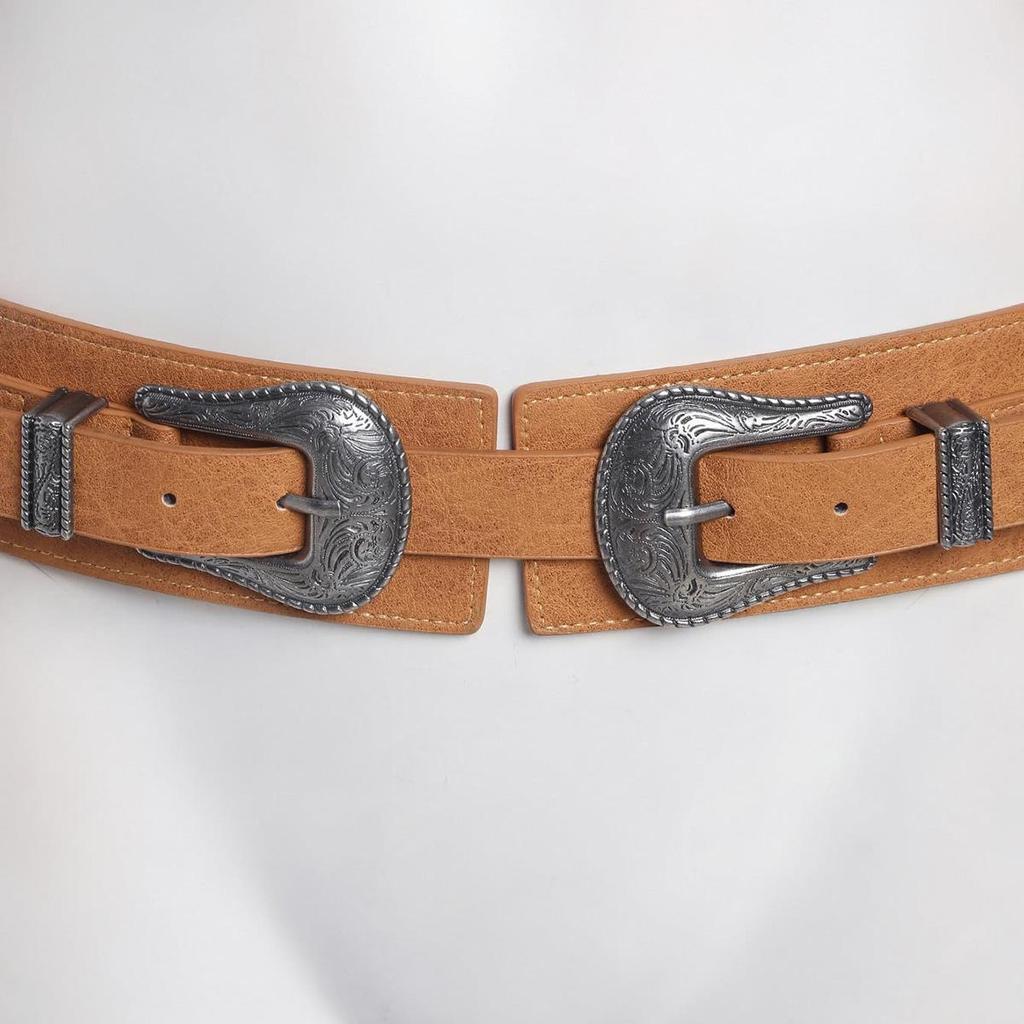 Distressed Retro Double Buckle Elastic Waist Belt - Adjustable Fashion Denim for Women