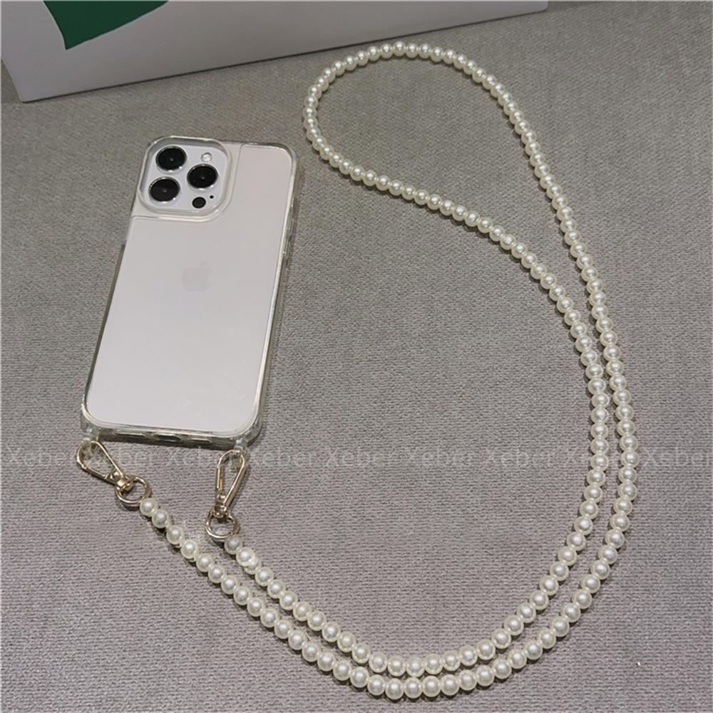 

Crossbody Necklace Pearl Chain Lanyard Phone Case For iPhone 16 15 11 12 13 14 Pro Max XR X XS Mini 8 Plus Clear PC Hard Cover For 7-8-SE3-SE2&Case & Strap