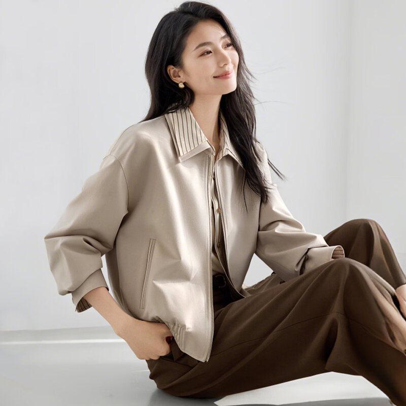 IHIMI Faux Two-Piece Lapel Color Block Striped Short Jacket 2XL