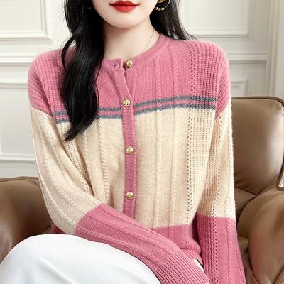 Contrasting Color Crew Neck Autumn and Winter New High-end Striped Versatile Jacket Temperament Knitted Cardigan Sweater Women