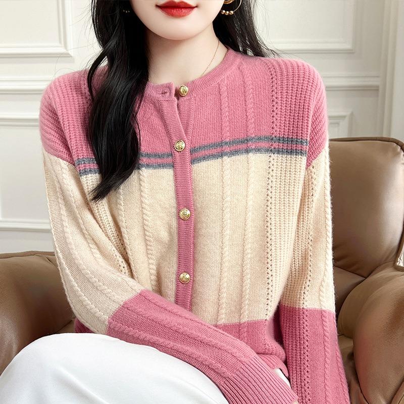 Contrasting Color Crew Neck Autumn and Winter New High-end Striped Versatile Jacket Temperament Knitted Cardigan Sweater Women