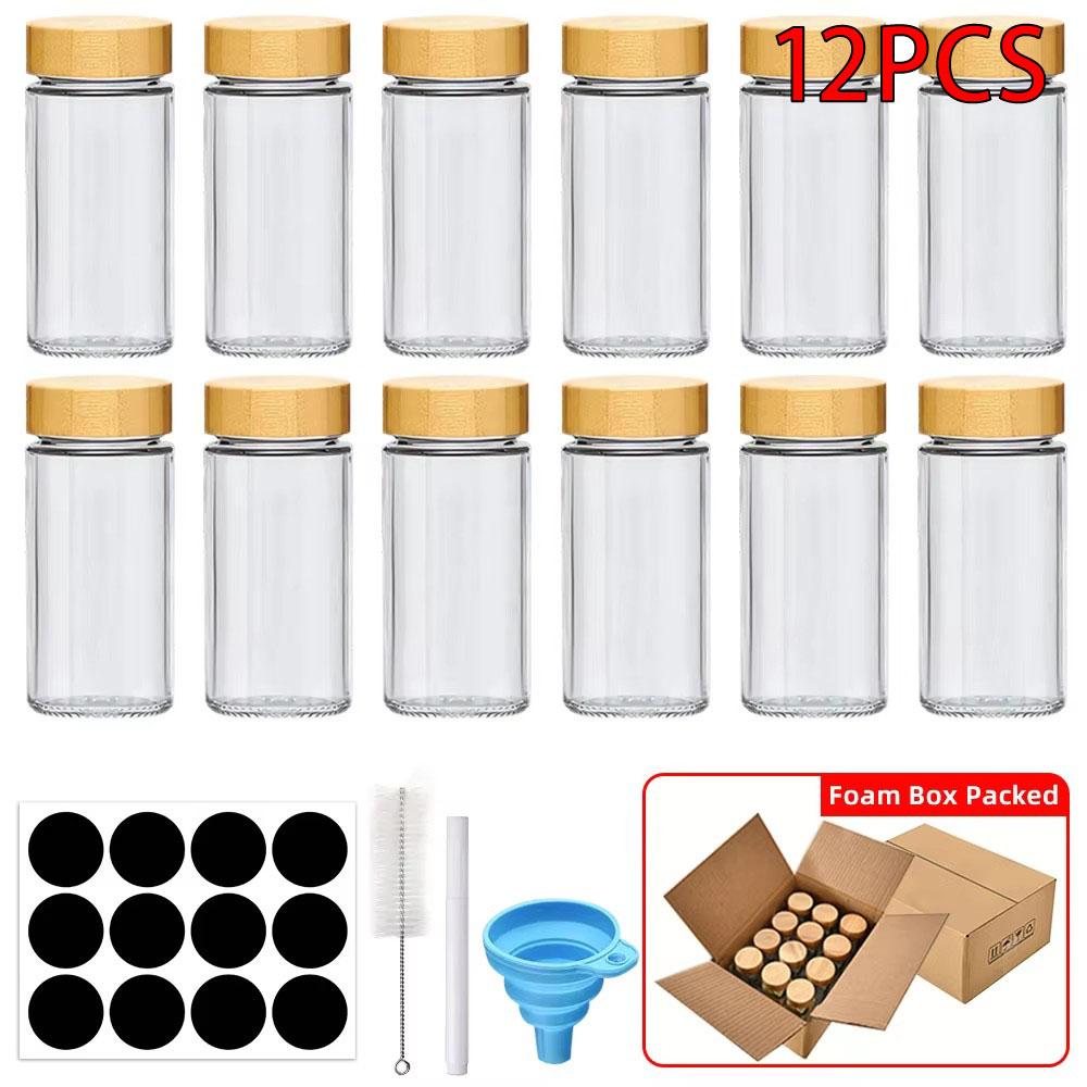 12Pcs Glass Spice Jars With Bamboo Lid Spice Seasoning Containers Salt Pepper Shakers Spice Organizer Kitchen Spice Jar Set