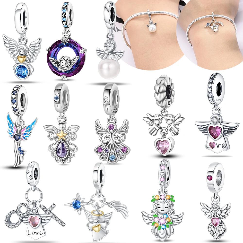 Copper Original Pink-Winged Angel Cross Green Garland Girl Pendant Charm Beads Fit Bracelet Women Diy Fine Gift Accessory
