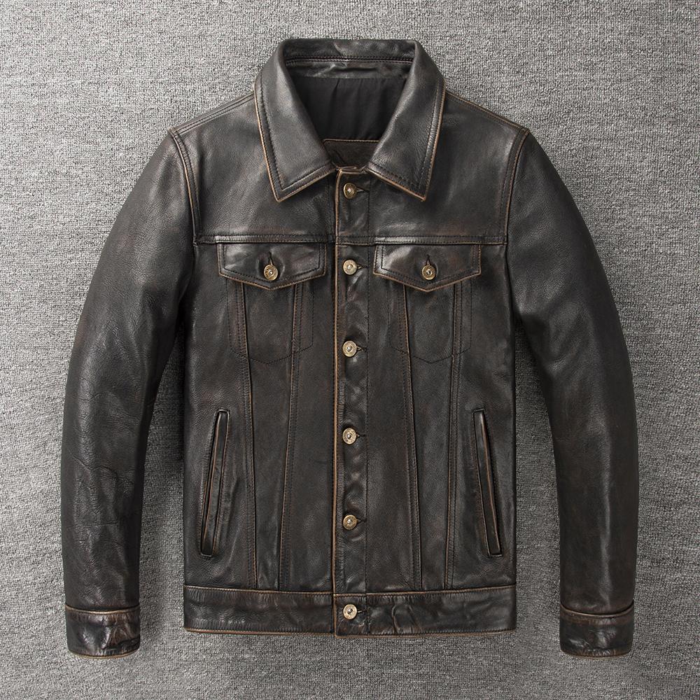 Vintage Blue Genuine Cow Men Leather Jacket  507 Style Slim Fit Coat Men's Leather Jackets Male Clothes Spring Autumn