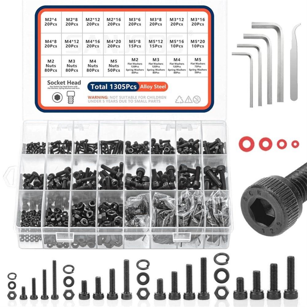 

1305Pcs M2 M3 M4 M5 Hex Socket Head Cap Screws Alloy Steel Bolts and Nuts Washers Kit DIY Projects