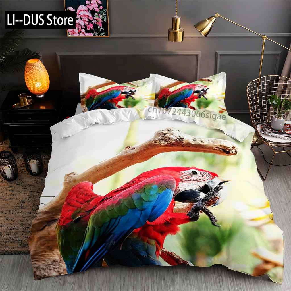 Macaws Duvet Cover Set Full Size Colorful Parrots Bedding Set 3pcs for Boys Girls Room Decor Quilt Cover with 2 Pillowcases
