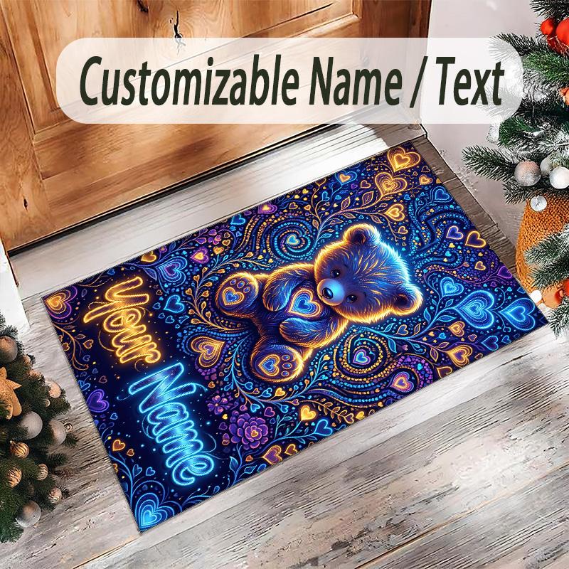 Teddy Bear Theme Crystal Velvet Rug Personalized Custom Name Text Soft Floor Mat Home Decor