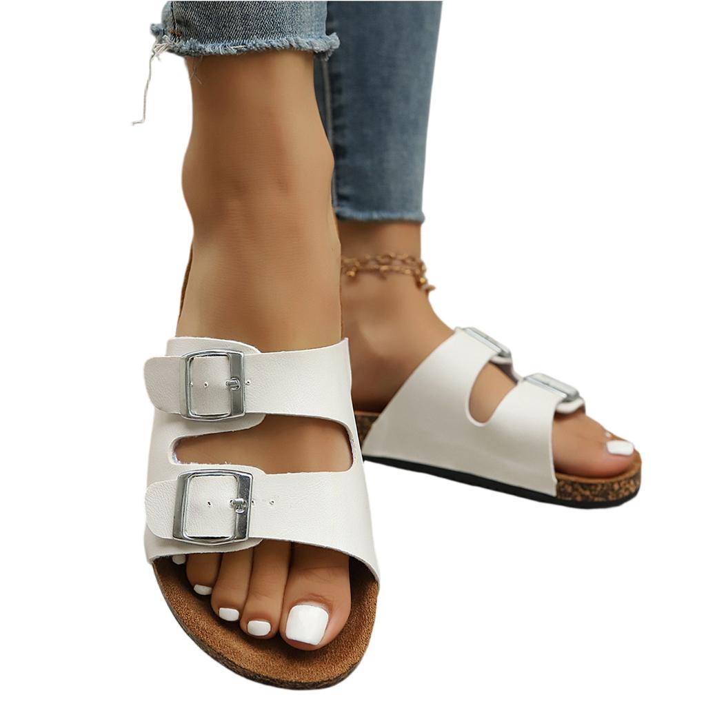 Women's Summer Cork Flat Sandals Open Toe Adjustable Buckle Strap Slide Beach Shoes Comfortable Footbed Casual Outdoor Footwear