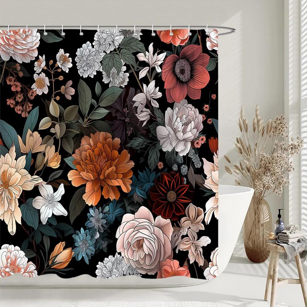 Black Gold Boho Botanical Floral Shower Curtain Vintage Floral Rose Aesthetic Unique Chic Polyester Bath Curtains Bathroom Decor