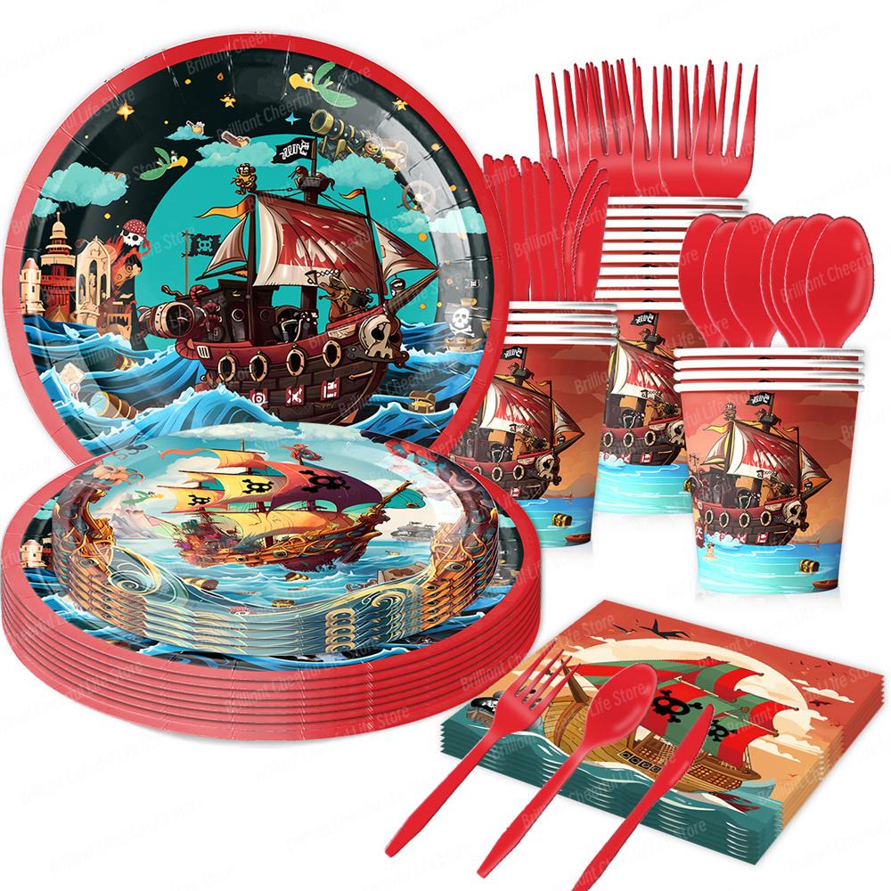 Caribbean Pirates Birthday Decorations Paper Plate Cup Napkins Banner Tablecloth For Kids Boys Baby Shower Pirate Party Supplies