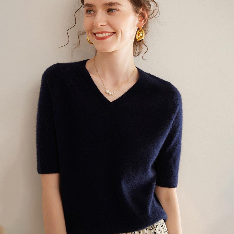 Women's Cashmere V-Neck Raglan Sweater - Short Sleeve, Solid Color, Autumn/Winter Thin Knit T-Shirt