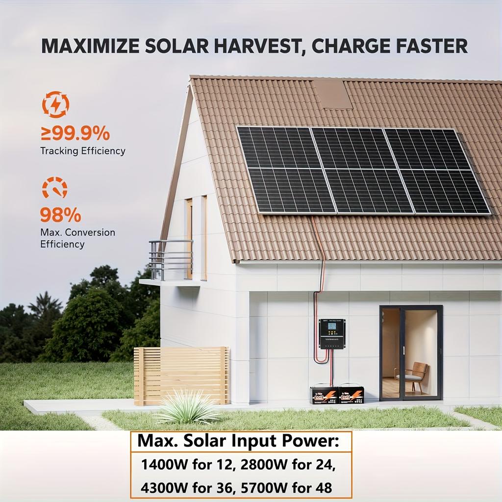 100A MPPT Solar Charge Controller with LCD Display, Used for 12V/24/36/48 Batteries, Auto Tracking, Compatible with Lead-acid Batteries