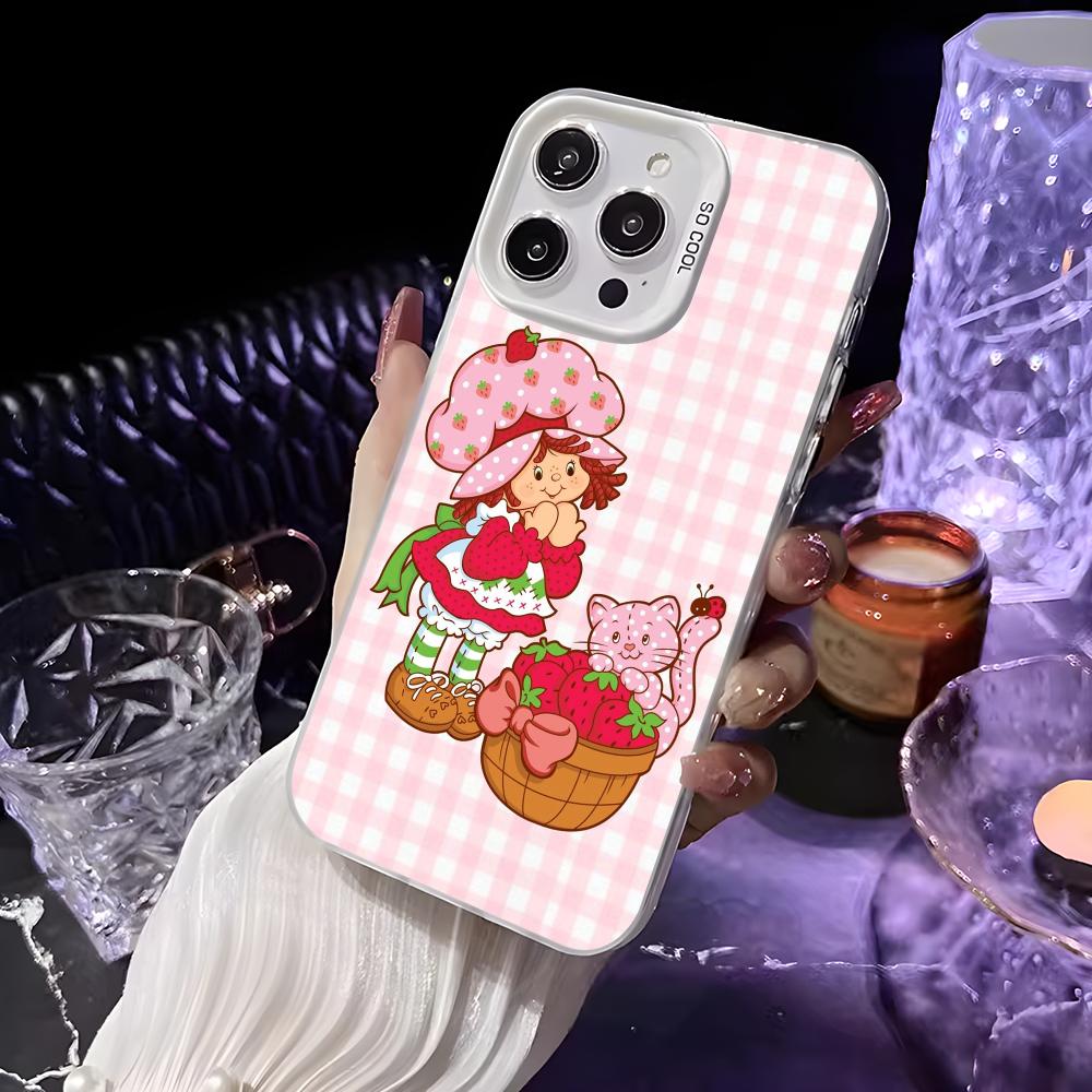 Pink Strawberry Cartoon S-Shortcake Phone Case For iPhone 16 15 14 13 12 11 Pro Max White Matte Laser Metallic Aurora Funda
