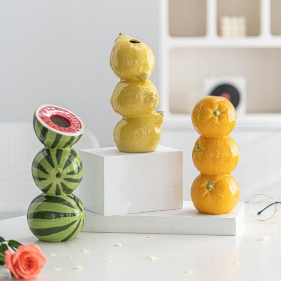 Watermelon Vase Orange Lemon Ceramic Flower Vase Stacked Fruits Design Tall Vase for Home Farmhouse Decoration Wedding Centerpieces
