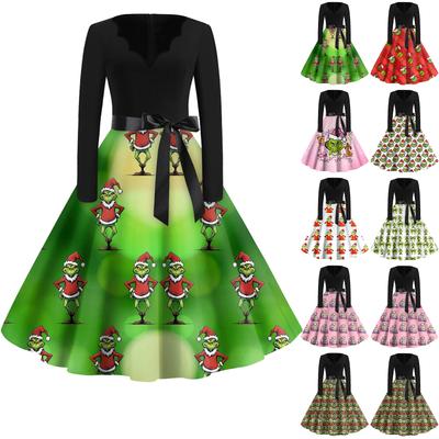 Damenmode V-Ausschnitt Lässig Slim-fit Weihnachts-Print Langarmkleid