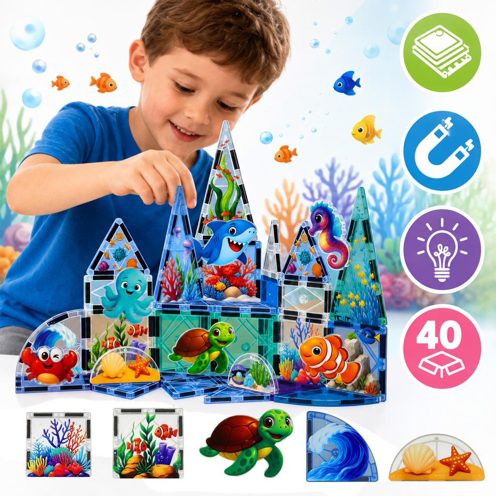 Set of Magnetic Construction Blocks 3D Large Panels Sea World 40 pcs.