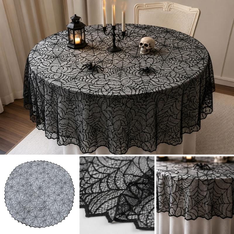 Spiderweb Table Cover for Halloween, Round Black Lace Tablecloth with Soft Fabric Drape for Dessert Display, Entry Table, and Party Decors